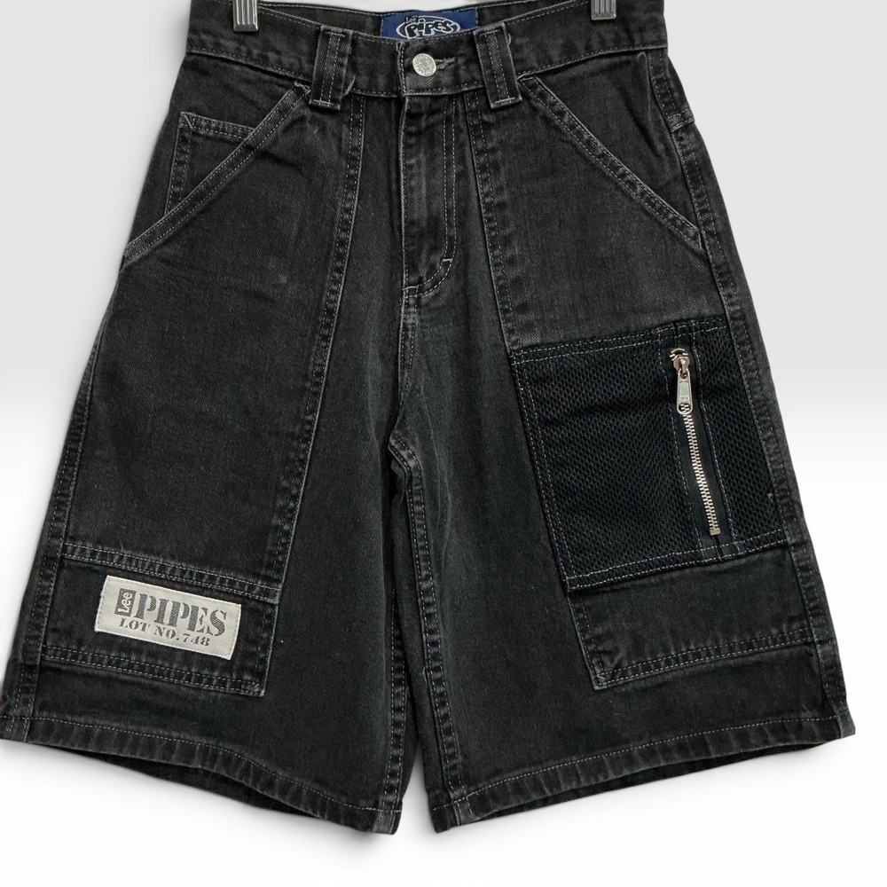 Lees Pipes VTG 90s Lot 748 Mesh Cargo Baggy Black‎ Denim Shorts XS S Y2K Jorts